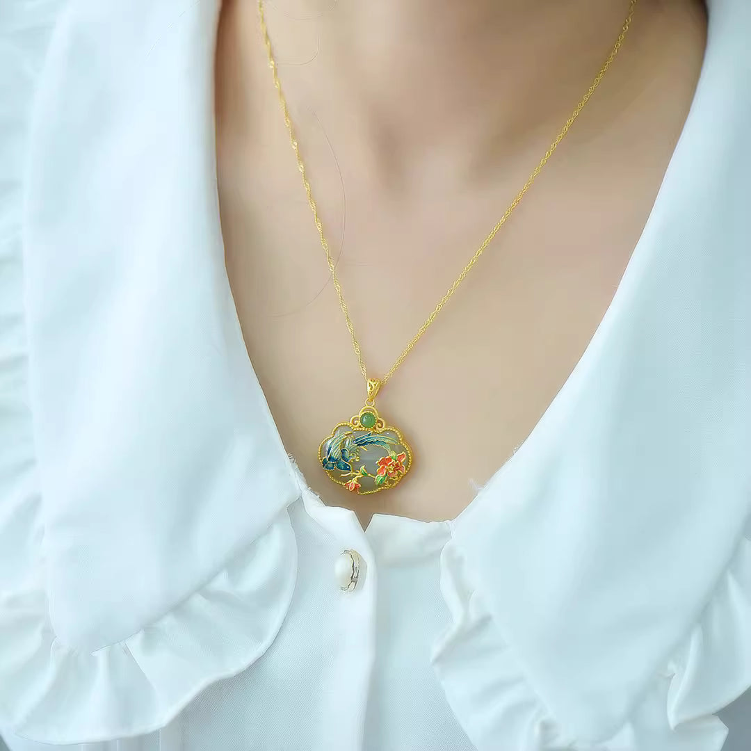 New Chinese Style S925 Gold-Plated Silver Hetian Jade Blue Enamel Magpie Ruyi Lock Pendant Necklace for Women