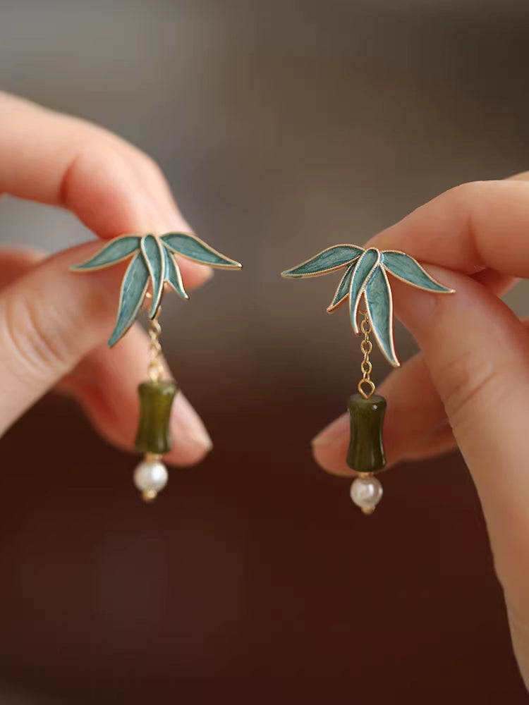 Chinese Bamboo Leaf Tassel Earrings – Vintage Oriental Bamboo Joint Earrings for Qipao