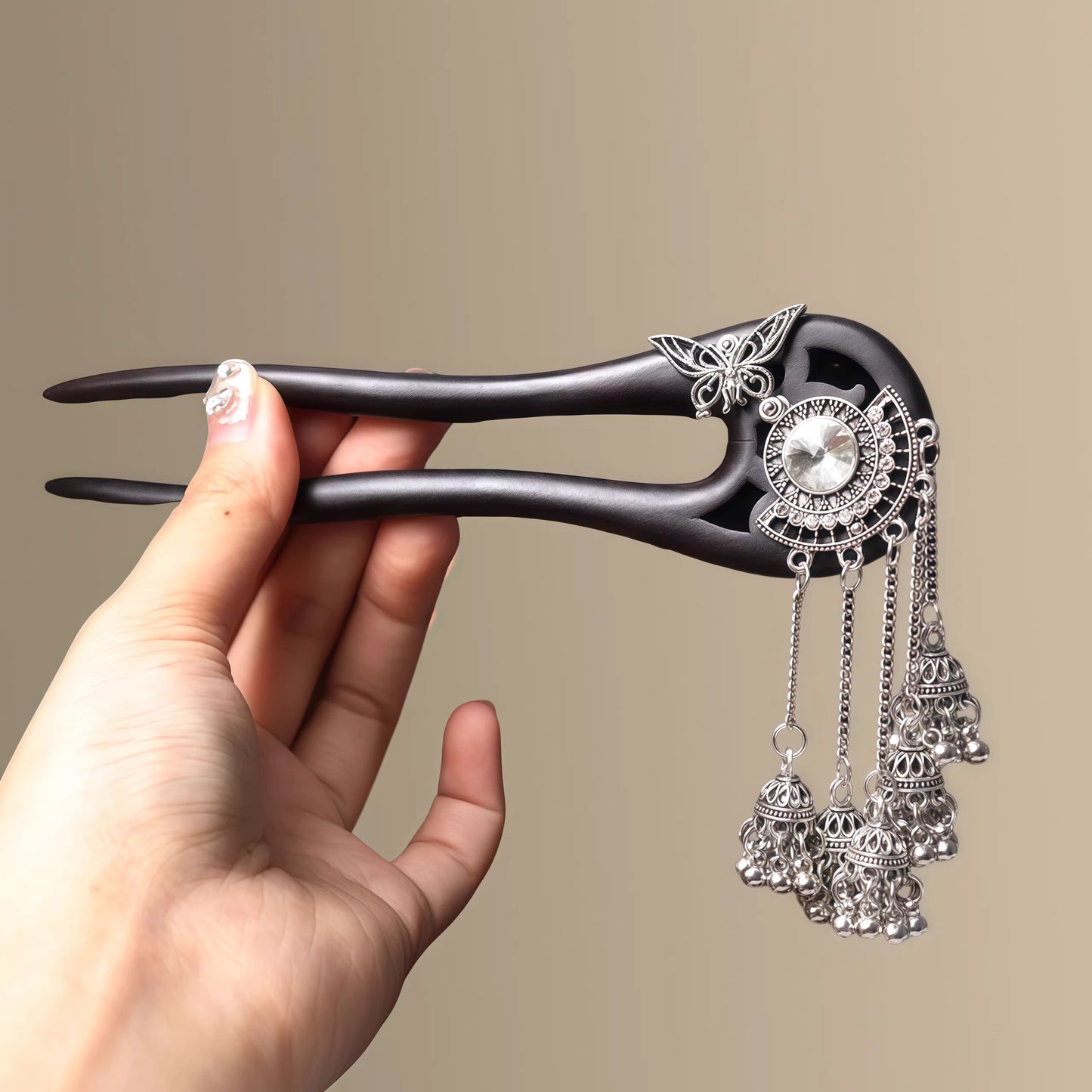 Miao Style Ebony Butterfly Tassel Hairpin – U-Shaped Silver Accent Hair Stick for Women