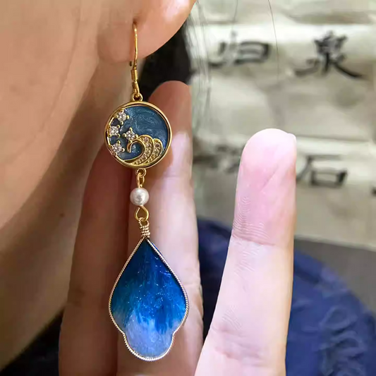 Chinese Heritage Velvet Flower Earrings – Qipao Hanfu Vintage Dangle Earrings with Gold Wave & Rhinestone Stars