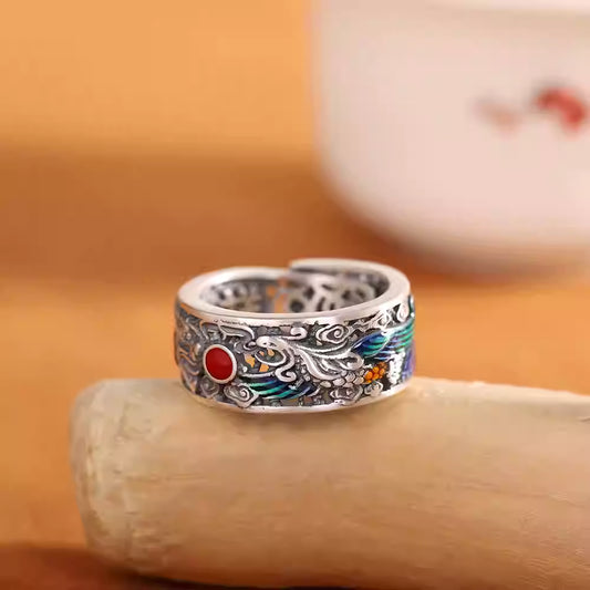 Vintage 990 Sterling Silver Dragon & Phoenix Open Ring – Handcrafted Cloisonné and South Red Agate Adjustable Ring