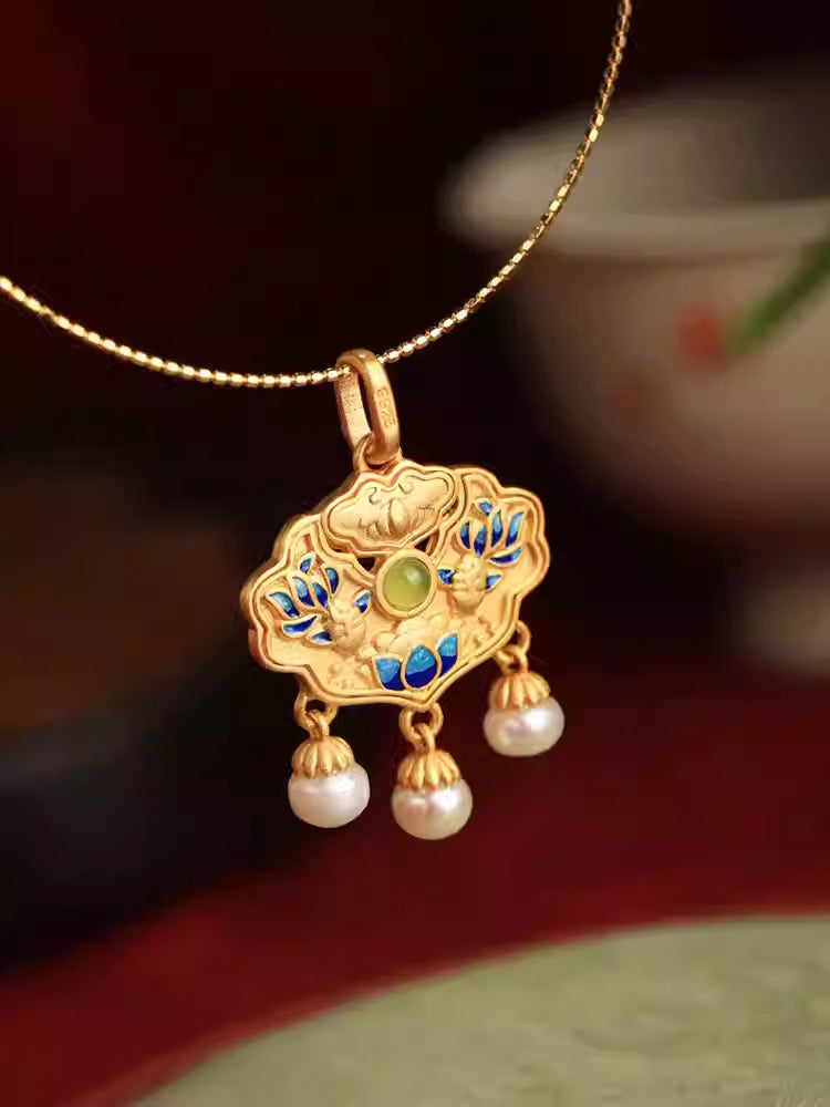 Hetian Jade Koi Fish Peace Lock Pendant Necklace – 925 Sterling Silver Gold Vermeil, Chinese Lucky Amulet with Pearl for Women