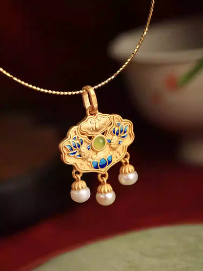 Hetian Jade Koi Fish Peace Lock Pendant Necklace – 925 Sterling Silver Gold Vermeil, Chinese Lucky Amulet with Pearl for Women