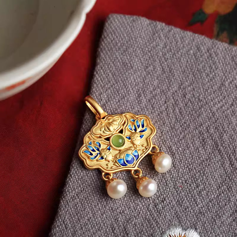 Hetian Jade Koi Fish Peace Lock Pendant Necklace – 925 Sterling Silver Gold Vermeil, Chinese Lucky Amulet with Pearl for Women