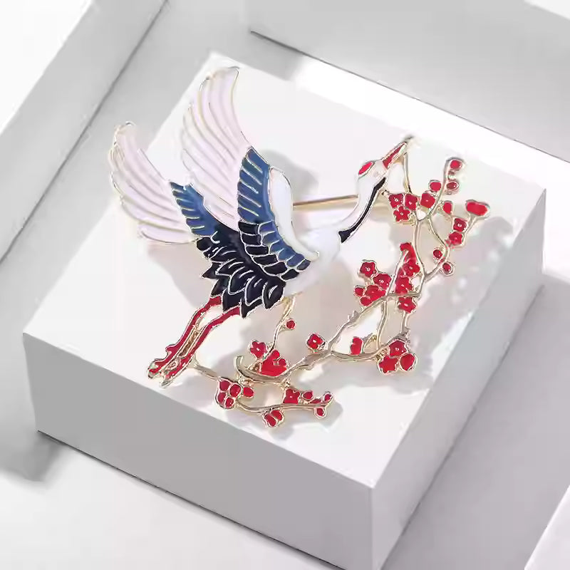 Vintage Chinese Crane & Plum Blossom Brooch – Elegant Oriental Lapel Pin for Women