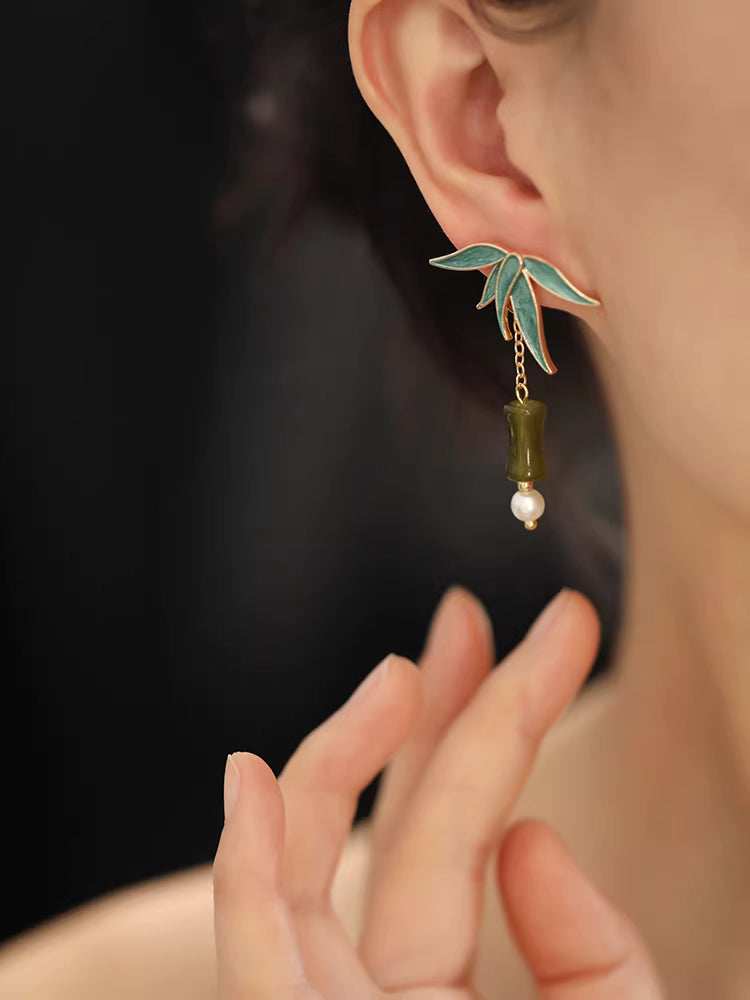 Chinese Bamboo Leaf Tassel Earrings – Vintage Oriental Bamboo Joint Earrings for Qipao