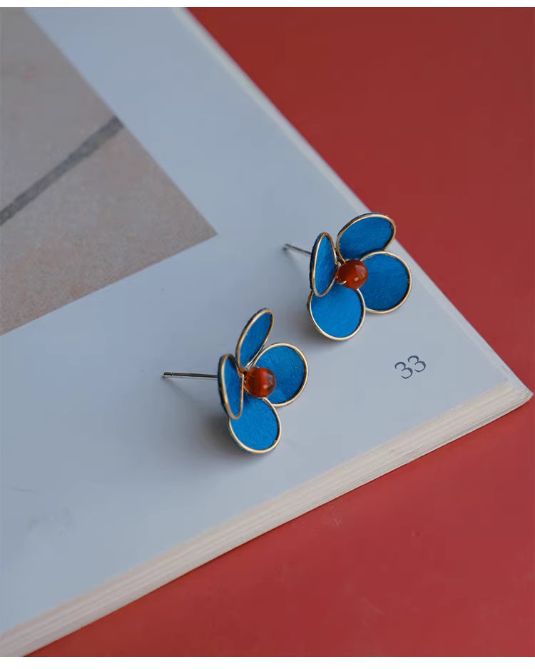 Handmade Blue Velvet Flower Stud Earrings – Intangible Cultural Heritage New Chinese Style Jewelry