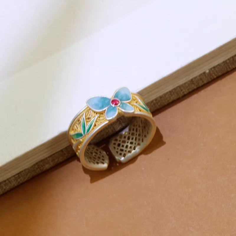 999 Sterling Silver Blue Enamel Butterfly Ring – Adjustable Bamboo Leaf Open Ring, Chinese Style Elegant Jewelry for Women