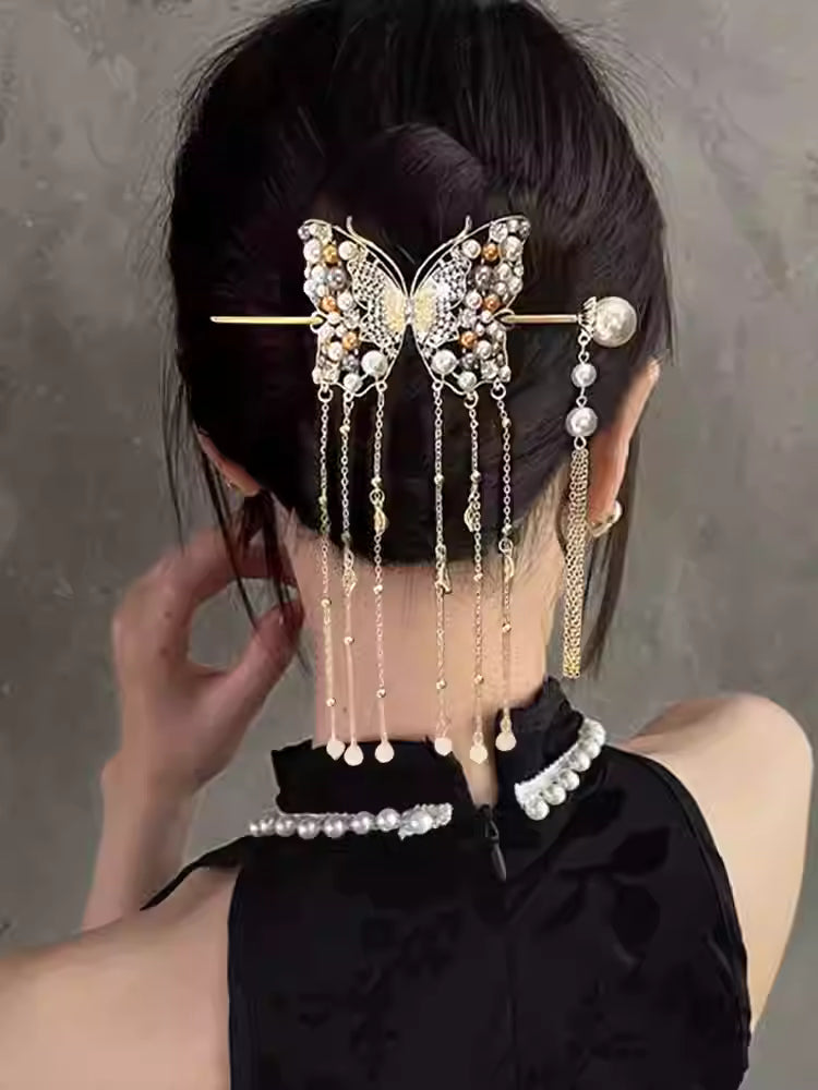 Chinese Butterfly Pearl Hairpin with Long Tassels – Gold Czech Crystal Elegant Updo Hair Accessory for Women