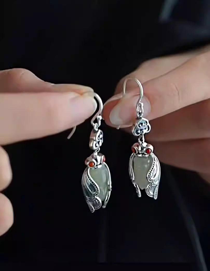 925 Silver Cicada Pendant Earrings with Hetian Jade – Hanfu Inspired Chinese Style Dangle Earrings for Women