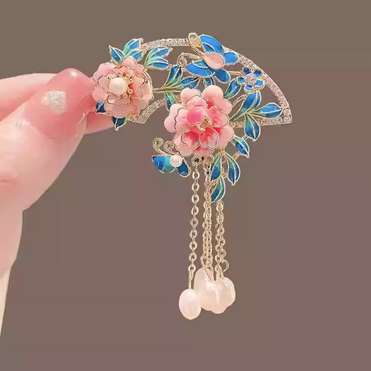 Vintage Enamel Peony Pearl Tassel Brooch for Women – Adjustable Pink Qipao Accessory