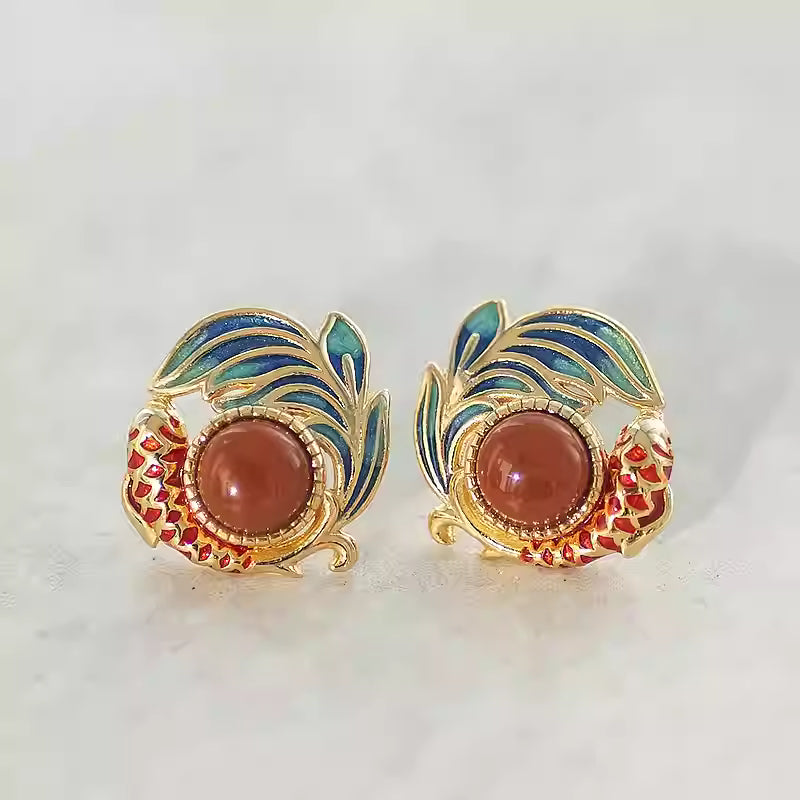 Koi Fish Enamel Stud Earrings – 925 Sterling Silver Gold Plated Earrings with Natural Red Agate | New Chinese Style Jewelry