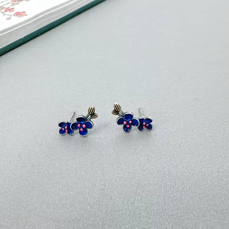 925 Sterling Silver Blue Plum Blossom Stud Earrings – Enamel Floral Chinese Style Dainty Flower Earrings for Women