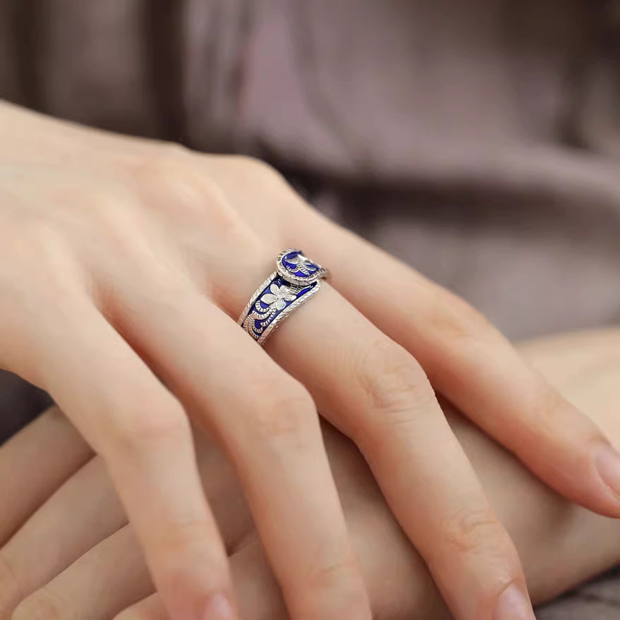 925 Silver Blue-and-White Porcelain Flower Ring – Vintage Chinese Style Open Adjustable Ring for Women