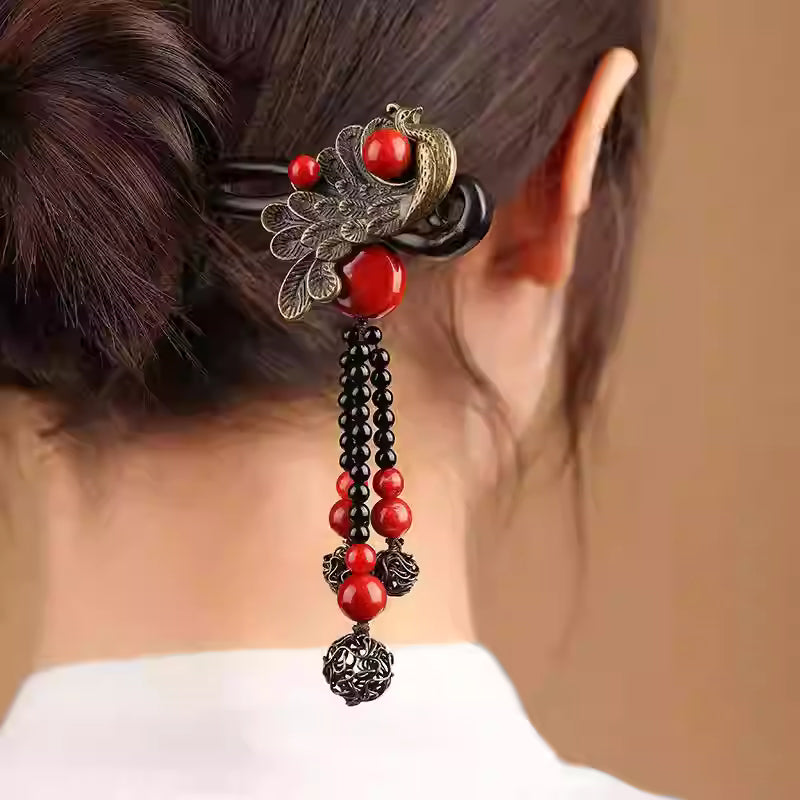 Chinese Peacock Ebony Wood Hairpin with Red Agate Tassels – Vintage Oriental New Year Hair Accessory