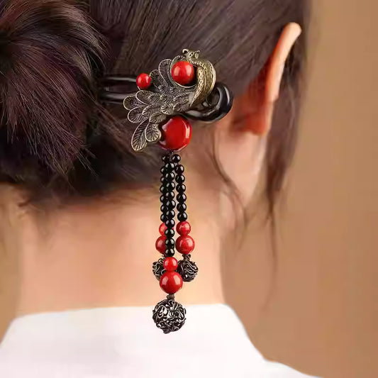 Chinese Peacock Ebony Wood Hairpin with Red Agate Tassels – Vintage Oriental New Year Hair Accessory