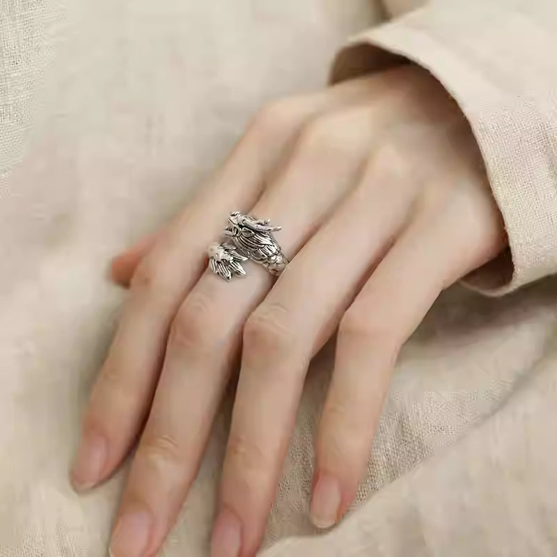 S925 Silver Dragon and Phoenix Couple Rings – Adjustable Open Band, Vintage Chinese Style, Unique Pair Rings for Couples