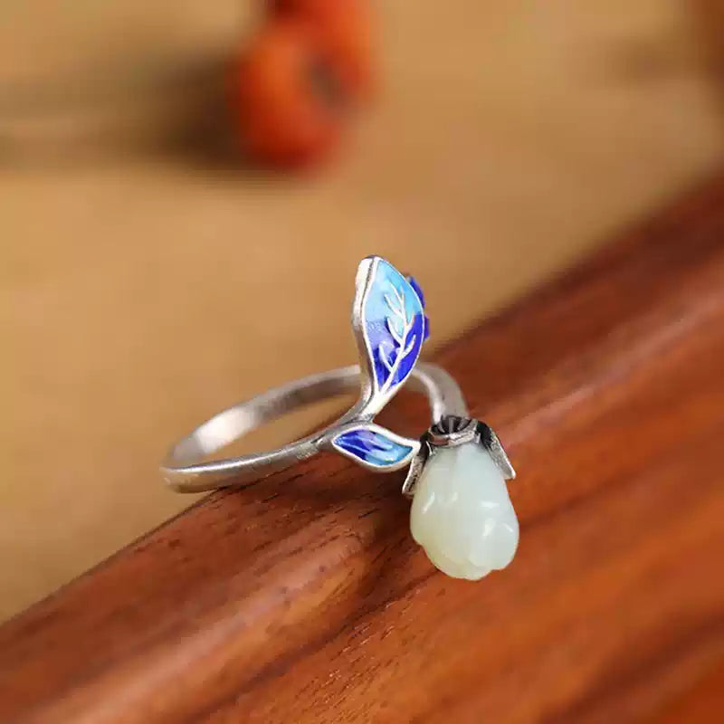 Handcrafted Magnolia Blossom Ring in 925 Sterling Silver  Hetian Jade – Vintage Chinese Cloisonné Enamel Adjustable Ring