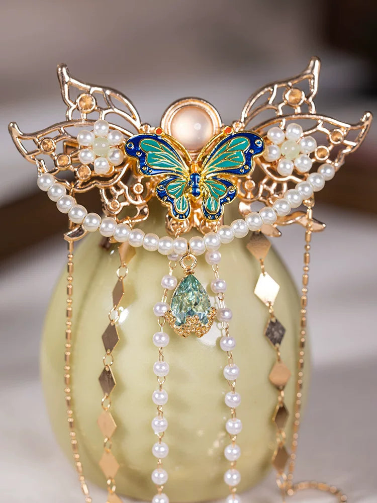 Vintage Butterfly Tassel Hanfu Hair Clip – Cloisonné Style Back Hair Comb with Faux Pearls