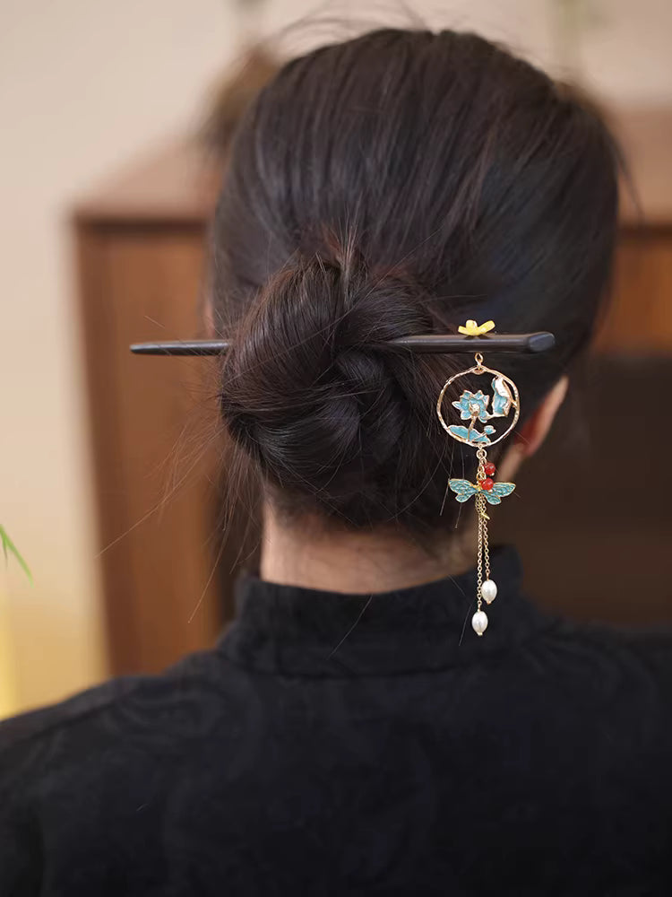 Chinese Style Ebony Wood Lotus Dragonfly Hairpin with Tassel – Peacock Blue Hanfu Hair Accessory for Women