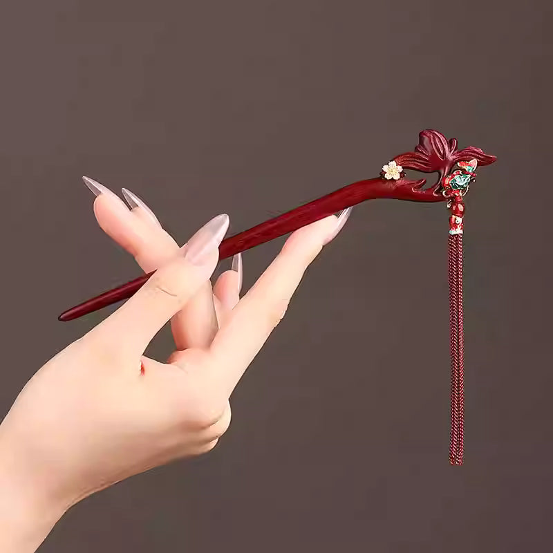 Red Sandalwood Cloisonné Lotus Tassel Hairpin – Double-Sided Feng Shui Bun Pin for Women