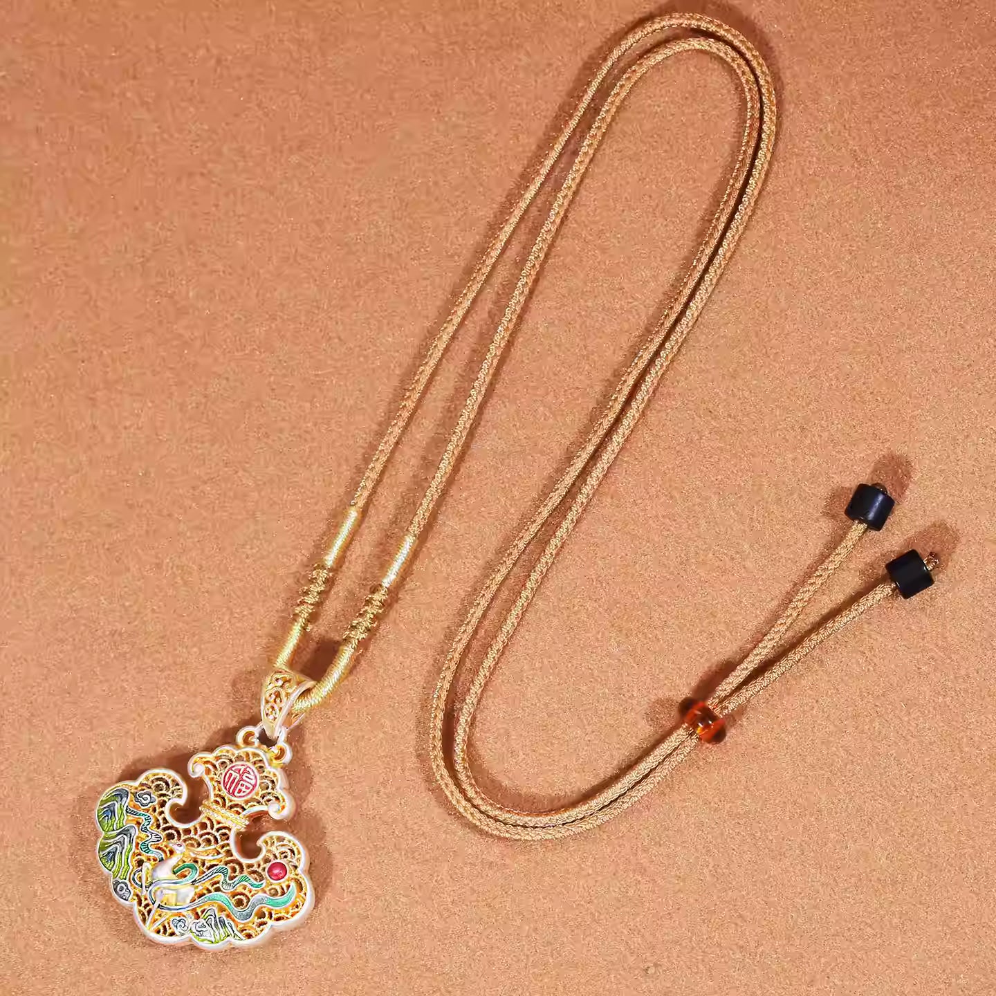 "Yi Lu You Ni" 999 Silver Deer Pendant – Gold-Accented Cloisonné Ruyi Lock Necklace