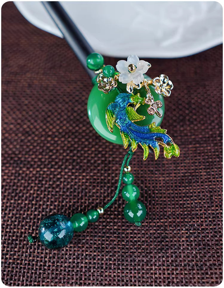 Elegant green and gold hairpin with cloisonné phoenix and stone plum blossom inlay