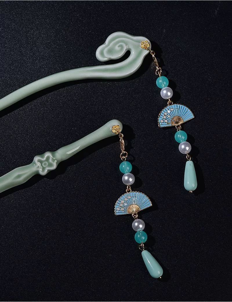 Longquan Celadon Hairpin – New Chinese Style Ceramic Sword &Cloud Ruyi Hair Stick