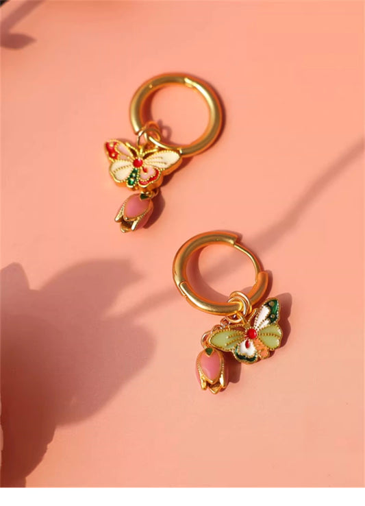 Gold Plated Copper Enamel Butterfly Earrings with Pink Tulip – New Chinese Style Elegant Stud Earrings for Women