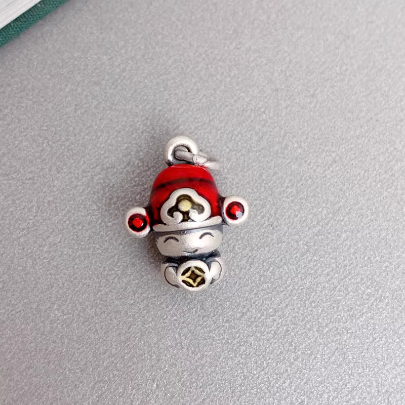 999 Fine Silver Cute God of Wealth Pendant – Enamel Coin Design, New Chinese Style Necklace