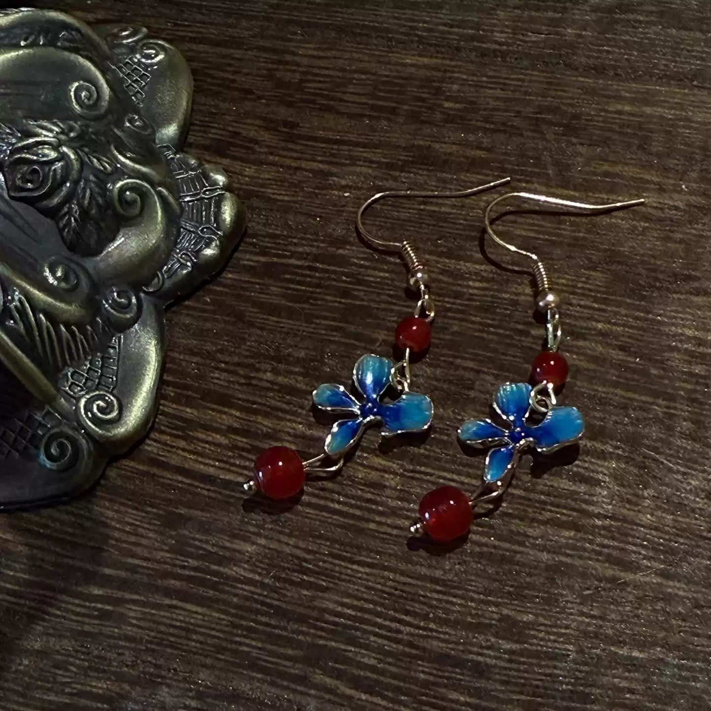 Deep Blue Butterfly Floral Earrings – New Chinese Style Agate Drop Earrings for Women
