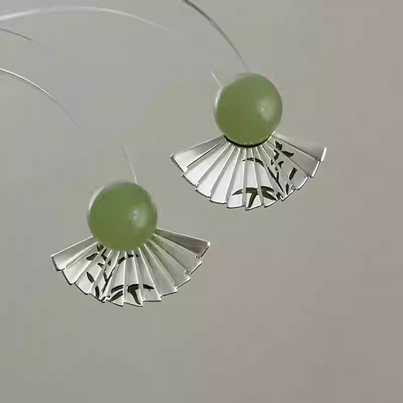 Oriental Dark Green Bamboo Fan Earrings – Retro Chinese Style Stud Earrings for Women