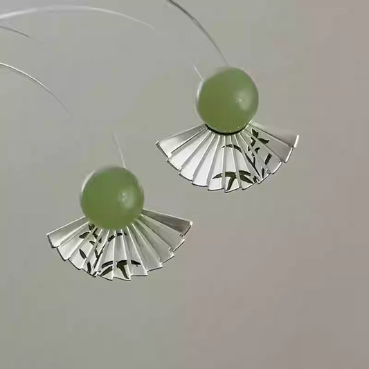 Oriental Dark Green Bamboo Fan Earrings – Retro Chinese Style Stud Earrings for Women