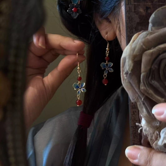 Deep Blue Butterfly Floral Earrings – New Chinese Style Agate Drop Earrings for Women