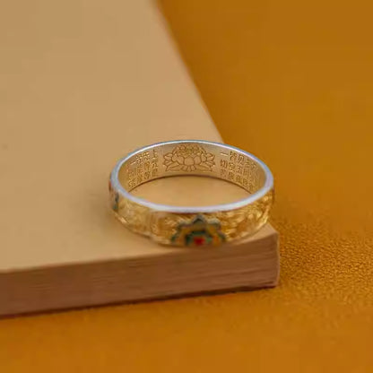 Verstellbarer Herz-Sutra-Ring aus Sterlingsilber – Goldene Emaille mit Blumen- und Rankenmuster, Ethno-Stil