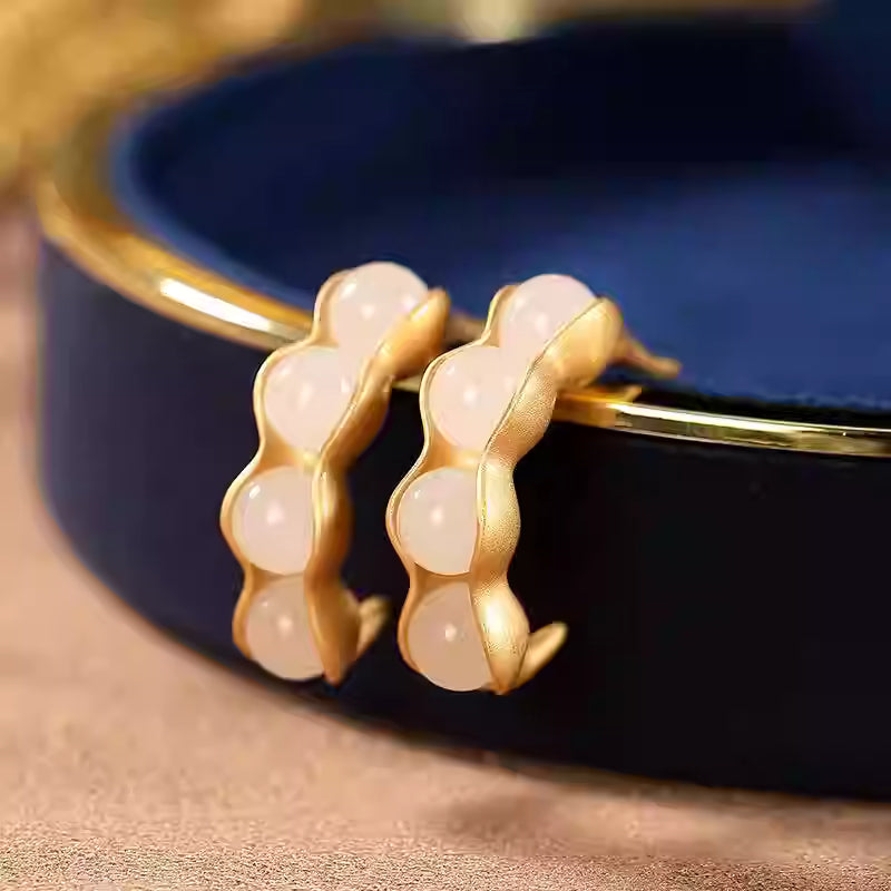S925 Silver Hetian Jade Gold Bean Stud Earrings – Elegant Camellia Flower Design