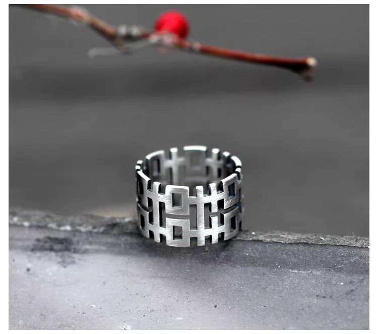 925 Sterling Silver Double Happiness Ring – Hollow Carved Open Band