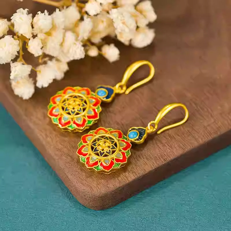 925 Sterling Silver Enamel Longevity Lock Earrings – Red Dunhuang-Inspired New Chinese Vintage Drop Earrings for Women