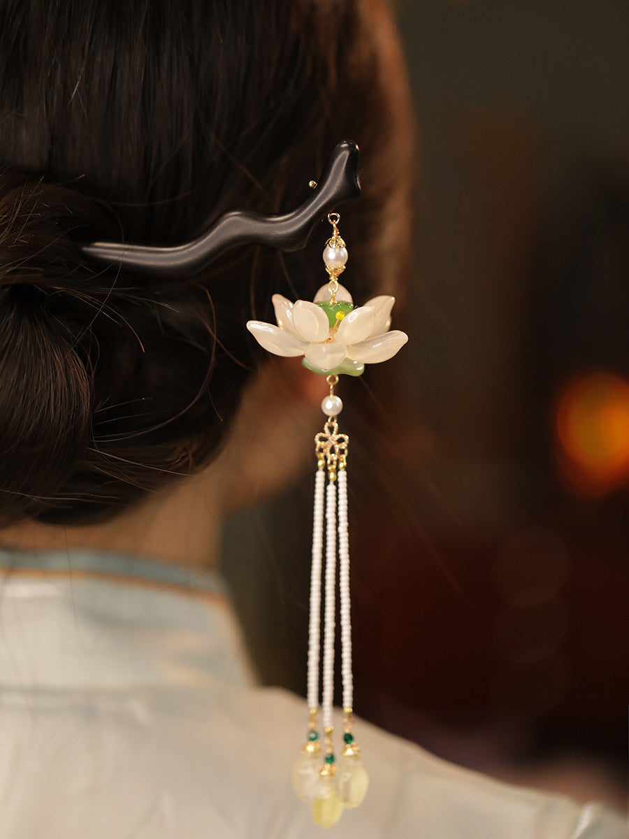 Black Ebony Lotus Long Tassel Hairpin – New Chinese Style Hanfu Hair Accessory