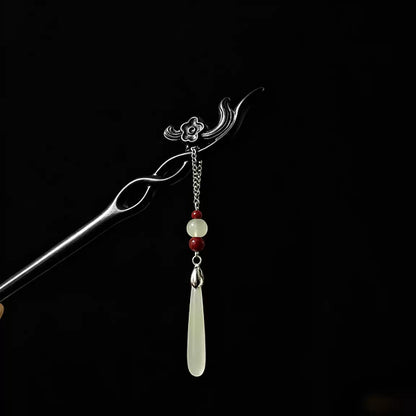 Traditional Chinese Plum Blossom Hairpin – Ebony Wood Hair Stick with Jade Teardrop for Hanfu