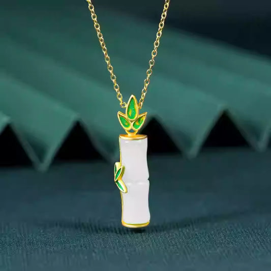Original Chinese Style Hetian Jade Bamboo Pendant with Gold Enamel – 36×9mm, 4.3g, White & Green, Versatile Collarbone Necklace for Women