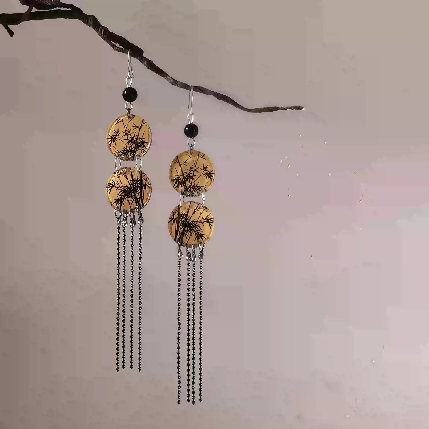 Black and Gold Bamboo Leaf Tassel Earrings – New Chinese Style Guofeng Jewelry