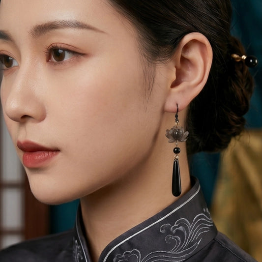 Black Lotus Bio-Ceramic Resin Earrings – New Chinese Style Elegant Statement Earrings