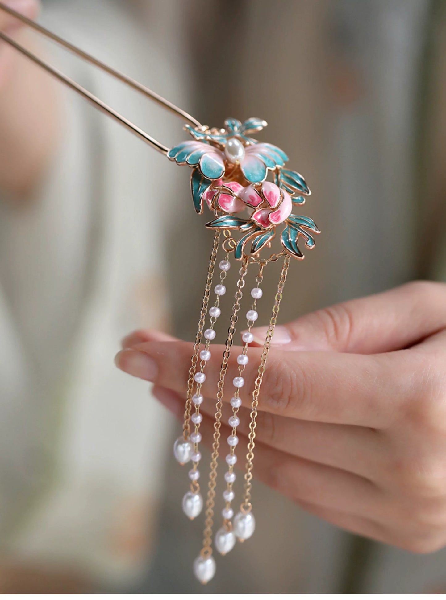 Butterfly  Floral Pearl Tassel Hairpin – New Chinese Style Enamel Buyao Hair Accessory for Hanfu  Mamian Skirt