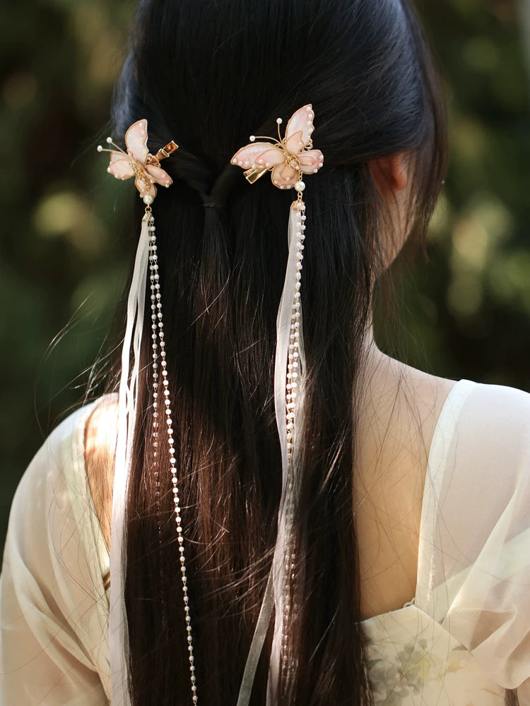 Butterfly Fairy Tassel Hair Clip – New Chinese Style Elegant Hanfu Hair Accessory（ a pair）