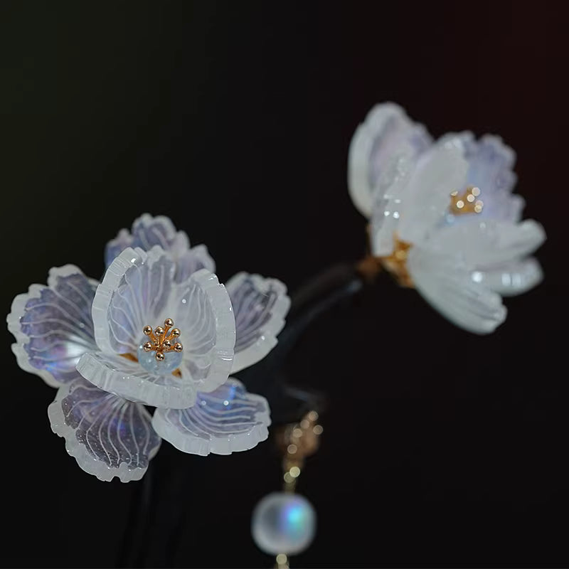 Frosted Ebony Tassel Hairpin with Acetate Petals & Glass Beads – Hanfu & Cheongsam Hair Accessory