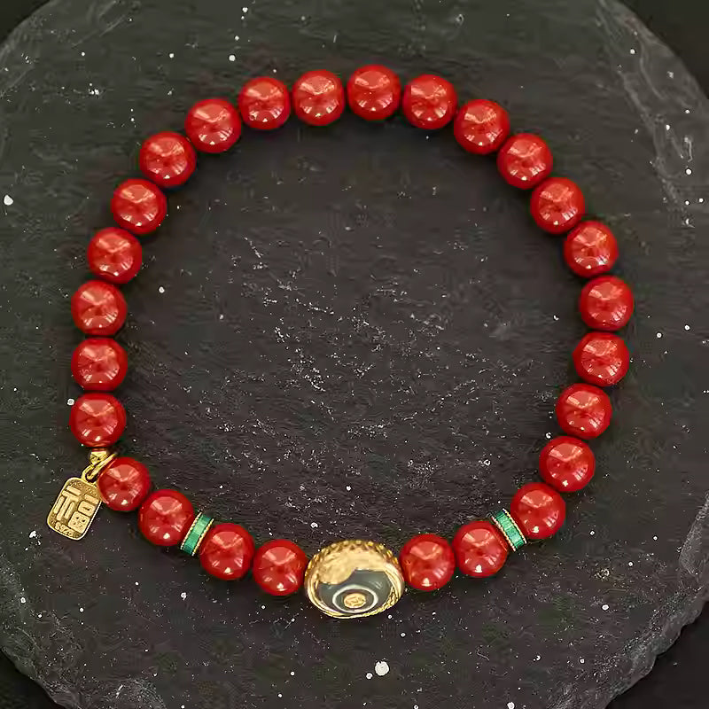 Fusheng Jade & Red Cinnabar Bracelet – Natural Jade Pi Disc, 925 Gold-Plated Charm, Chinese Lucky Amulet Beads for Women
