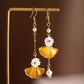 Handcrafted Ginkgo Tassel Earrings – Alloy, Shell Flowers &amp; Silk Thread, Traditional Chinese Hanfu Accessories for Women