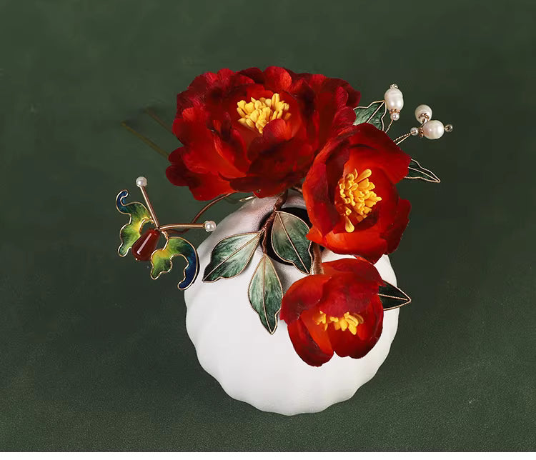 “Die Lian Hua” Red Peony Butterfly U-Shaped Hairpin | Handcrafted Velvet Flower, Hanfu & Qipao Wedding Hair Accessory