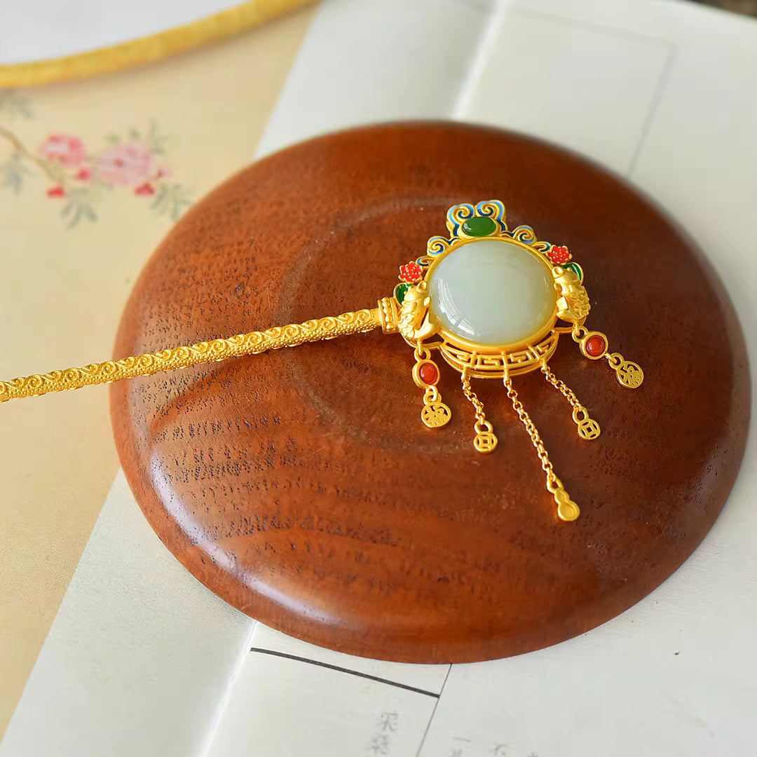 Double Koi Hairpin with Natural Hetian Jade & Enamel – Chinese Auspicious Tassel Hair Accessory for Women
